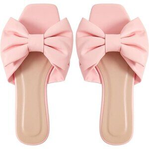 Women's Bow Pink Square Open Toe Breathable Slip On Slide Sandals Flat Shoes